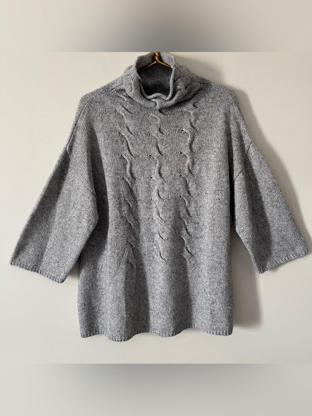 J.Jill Light Grey Cable-Knit Wool Blend Roll Neck 3/4 Sleeve Cozy Sweater XL
